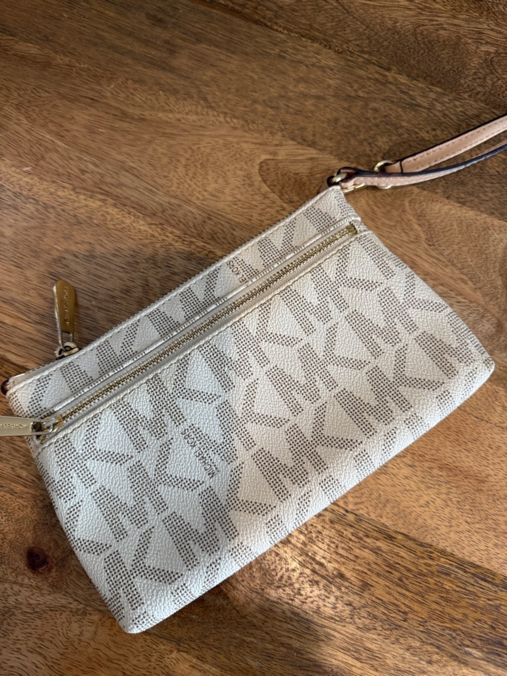 Michael Kors Cream Logo-Print Wristlet with Gold Hardware